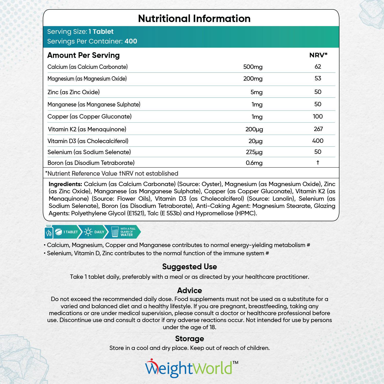 Calcium, Magnesium, Zinc and Vitamin D3 tablets from EarthBiotics - Nutritional Information