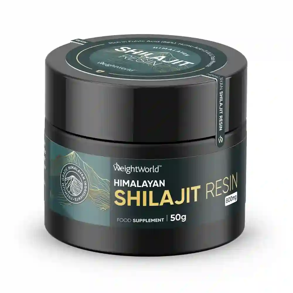 This image shows a container of Himalayan Shilajit Resin by the brand WeightWorld. The packaging is black with gold and white text. Key details on the label: Product Name: Himalayan Shilajit Resin Brand: WeightWorld Type: Food Supplement Quantity: 50g Dosage: 800mg (mentioned on the label) Description: It is a high-quality resin form of Shilajit, a natural substance found in the Himalayan mountains, known for its potential health benefits such as boosting energy, improving stamina, and supporting overall wellness.