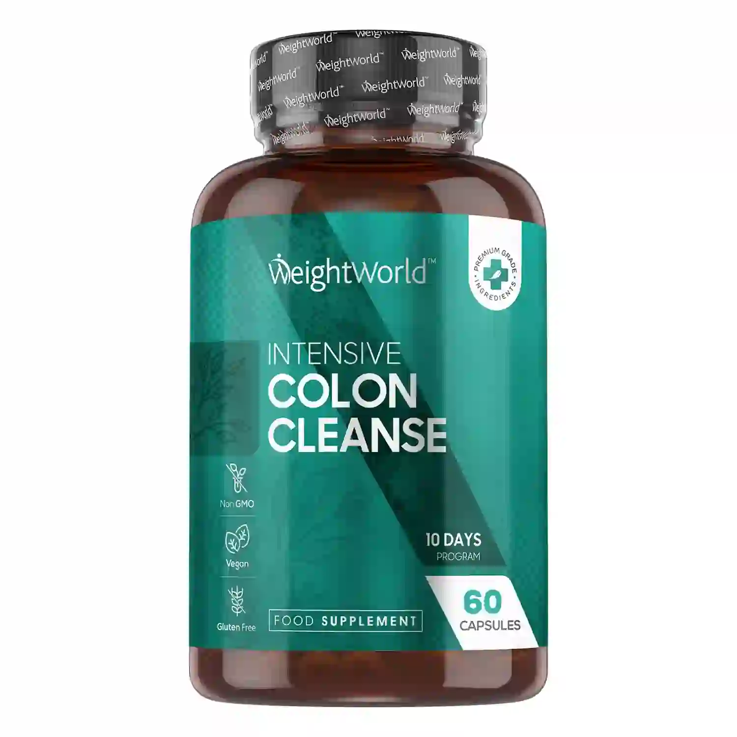 The image shows a bottle of dietary supplement capsules from the brand WeightWorld. The product is labeled as "Intensive Colon Cleanse" and is intended for a 10-day program. The bottle contains 60 capsules. Here are some key details from the label: The supplement is labeled as Non-GMO, Vegan, and Gluten-Free. It is marked as a "Food Supplement," highlighting its intended use. There is a seal indicating "Premium Grade Ingredients," emphasizing the quality of the product. This product is designed to support digestive health and detoxification.