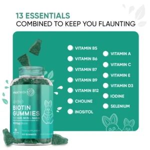 The image is an advertisement for Maxmedix Biotin Gummies, a food supplement for hair, skin, and nails. Below are the details extracted from the image:
Product & Branding Details:
Brand: Maxmedix
Product Name: Biotin Gummies
Biotin Content: 5000µg
Quantity: 120 gummies (2 months' supply)
Category: Food Supplement
Label: Vegetarian
Key Highlights:
13 Essential Nutrients Included:
Vitamin B5
Vitamin B6
Vitamin B7 (Biotin)
Vitamin B9
Vitamin B12
Choline
Inositol
Vitamin A
Vitamin C
Vitamin E
Vitamin D3
Iodine
Selenium
Tagline: "13 Essentials Combined to Keep You Flaunting"
Visuals in the Image:
A bottle of Maxmedix Biotin Gummies with a green label and bunny illustrations.
Green gummy bears (scattered around the bottle and popping out of the open bottle).
A green background with a list of 13 essential vitamins and nutrients in white text.